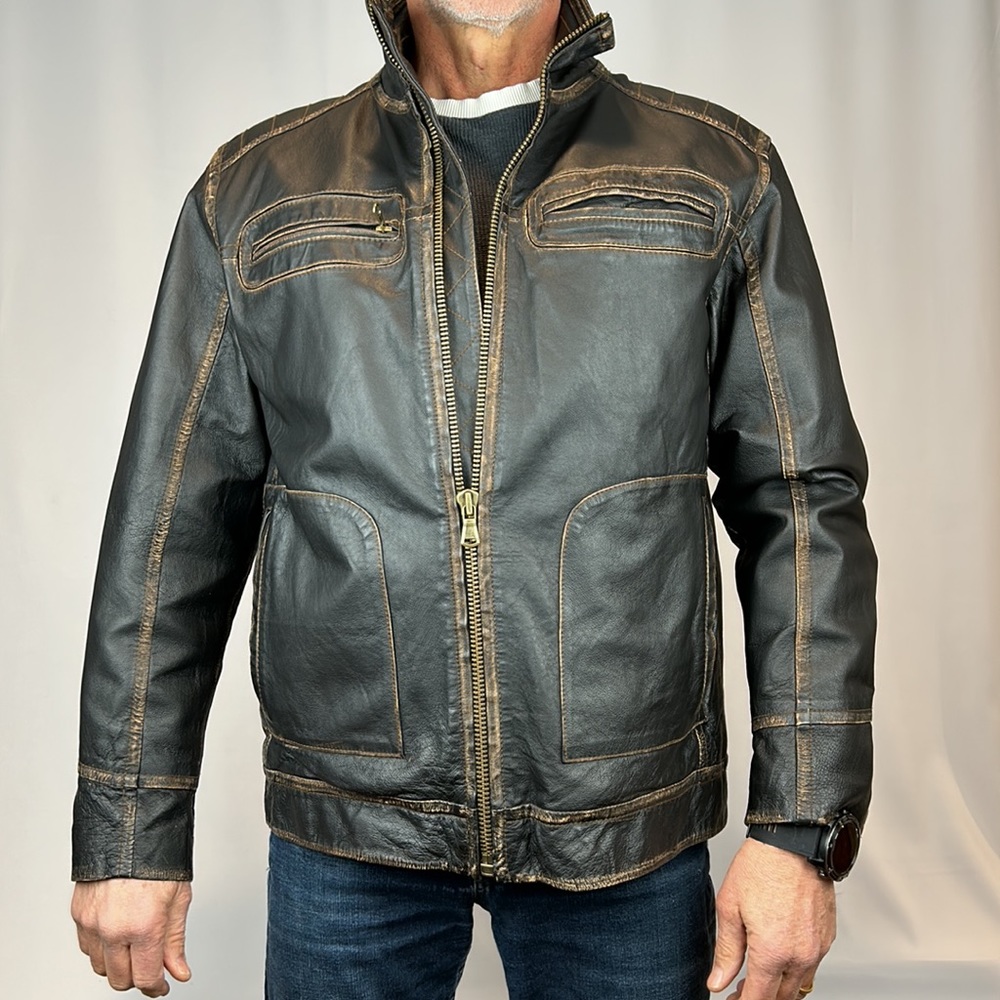 Territory Ahead black burnished leather bomber jacket (size Medium)